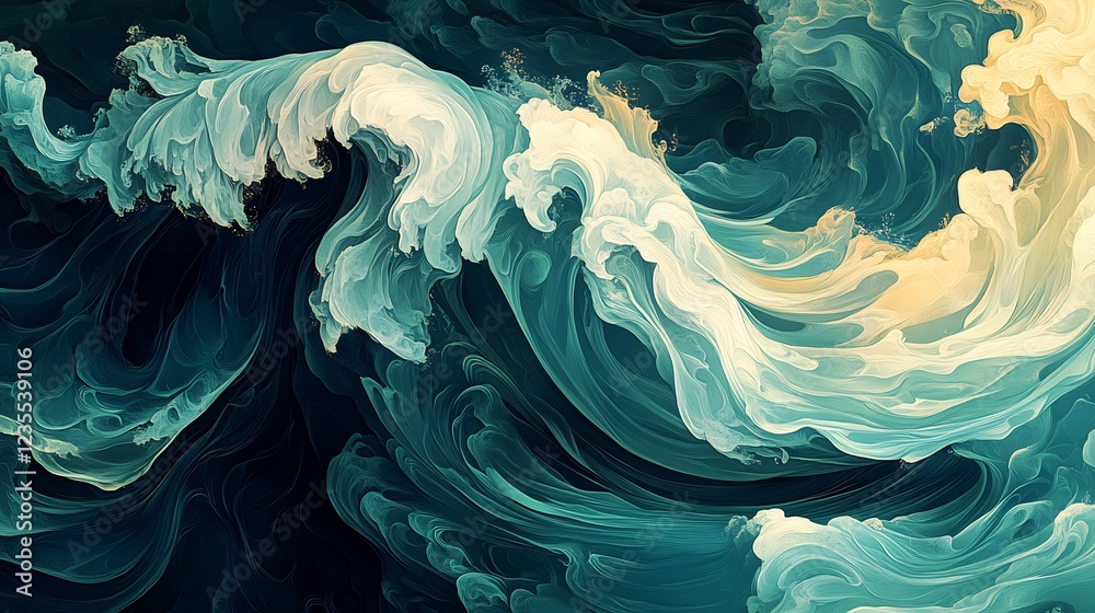 Obraz premium Abstract Teal and Cream Swirling Wave Abstract Art. AI Generated