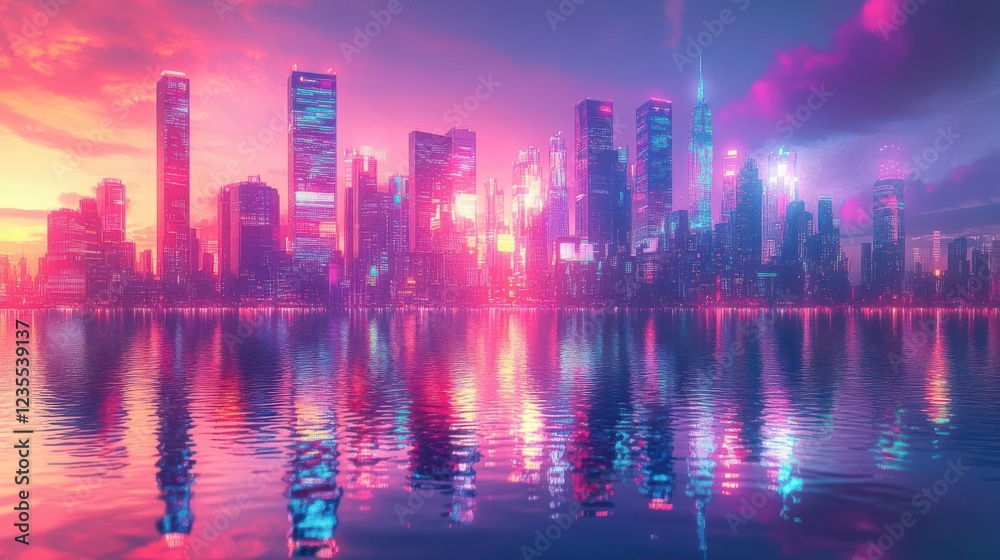 Fototapeta premium 1 Explore a kaleidoscope cityscape, with neon skyscrapers reflecting in rippling waters, mirroring the vibrant energy of a bustling metropolis, in a digital, cyberpunk style