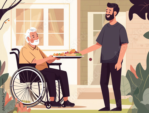 Wallpaper Mural A man brings a meal on a tray for an elderly person, who is sitting in a wheelchair.  providing care concept Torontodigital.ca