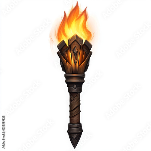 stylized torch with wooden handle and vibrant flames, perfect for fantasy settings photo