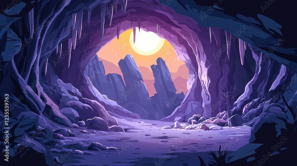 Fototapeta premium Mystical Cave Entrance Reveals Sunset and Purple Rock Formations