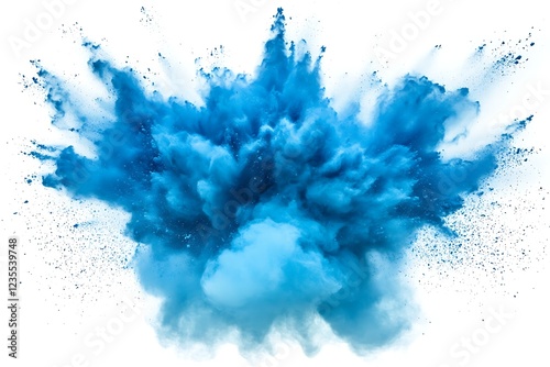 Abstract blue powder explosion on white background. Closeup of blue dust particles splash isolated on clear background.