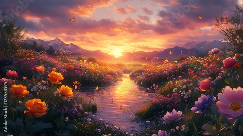 Sunset over blooming meadow, stream, mountains
