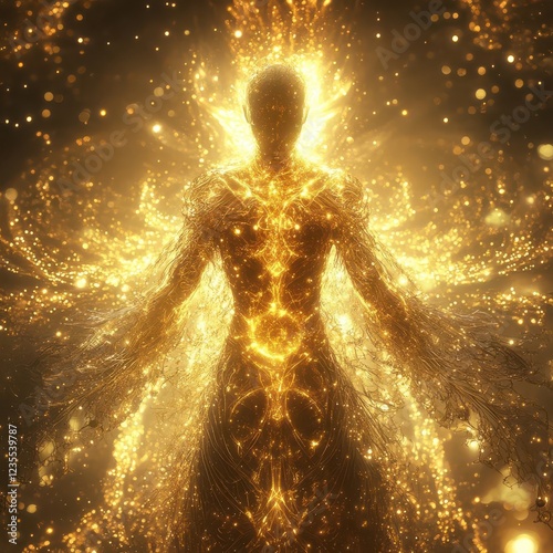 1 Law of Gender - An ethereal being, embodying the balance of masculine and feminine energies, glowing with golden light, intricate details, mystical fantasy