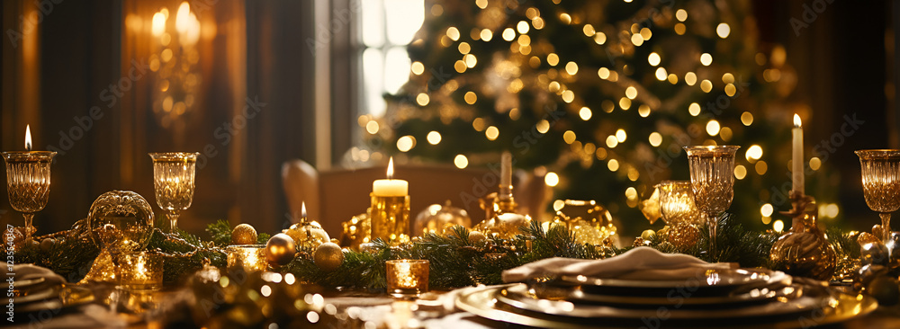Magical Holiday Setting with Warm Golden Lights,
Extravagant Christmas Celebration in Gold Magical Holiday Setting with Warm Golden Lights,
Extravagant Christmas Celebration in Gold