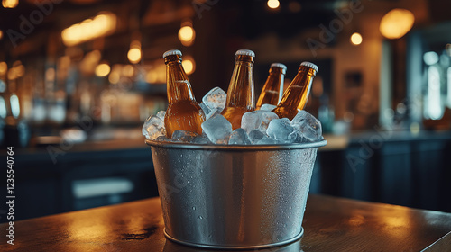 Bottles of cold beer in an ice bucket at the bar