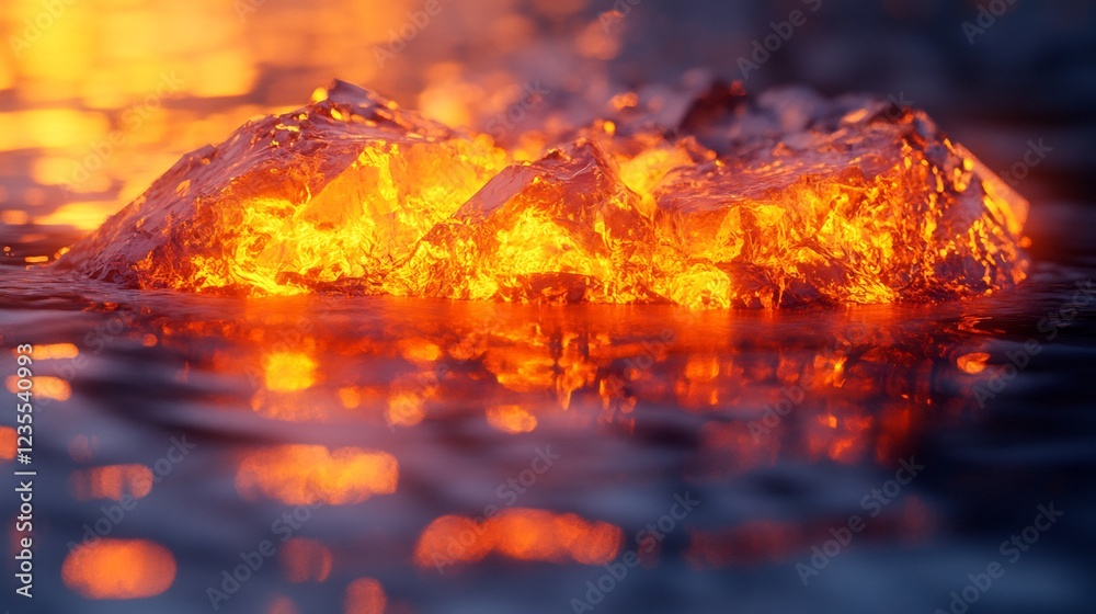 Fiery orange glow illuminates glowing rocks reflecting intensely in dark water. AI Generated Fiery orange glow illuminates glowing rocks reflecting intensely in dark water. AI Generated