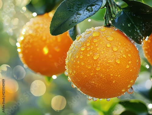 Fresh dewy orange fruits on a vibrant green tree in morning sunlight. photo