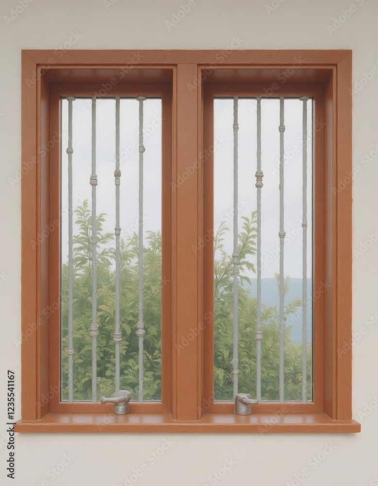 Obraz premium Ornate wooden window with metallic bars framing a misty natural vista
