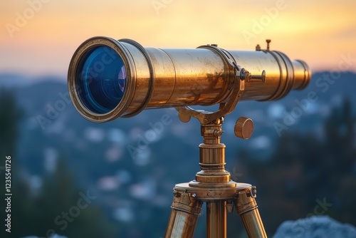 Vintage Brass Telescope on Wooden Tripod Under Clear Sky for Stargazing and Exploration
