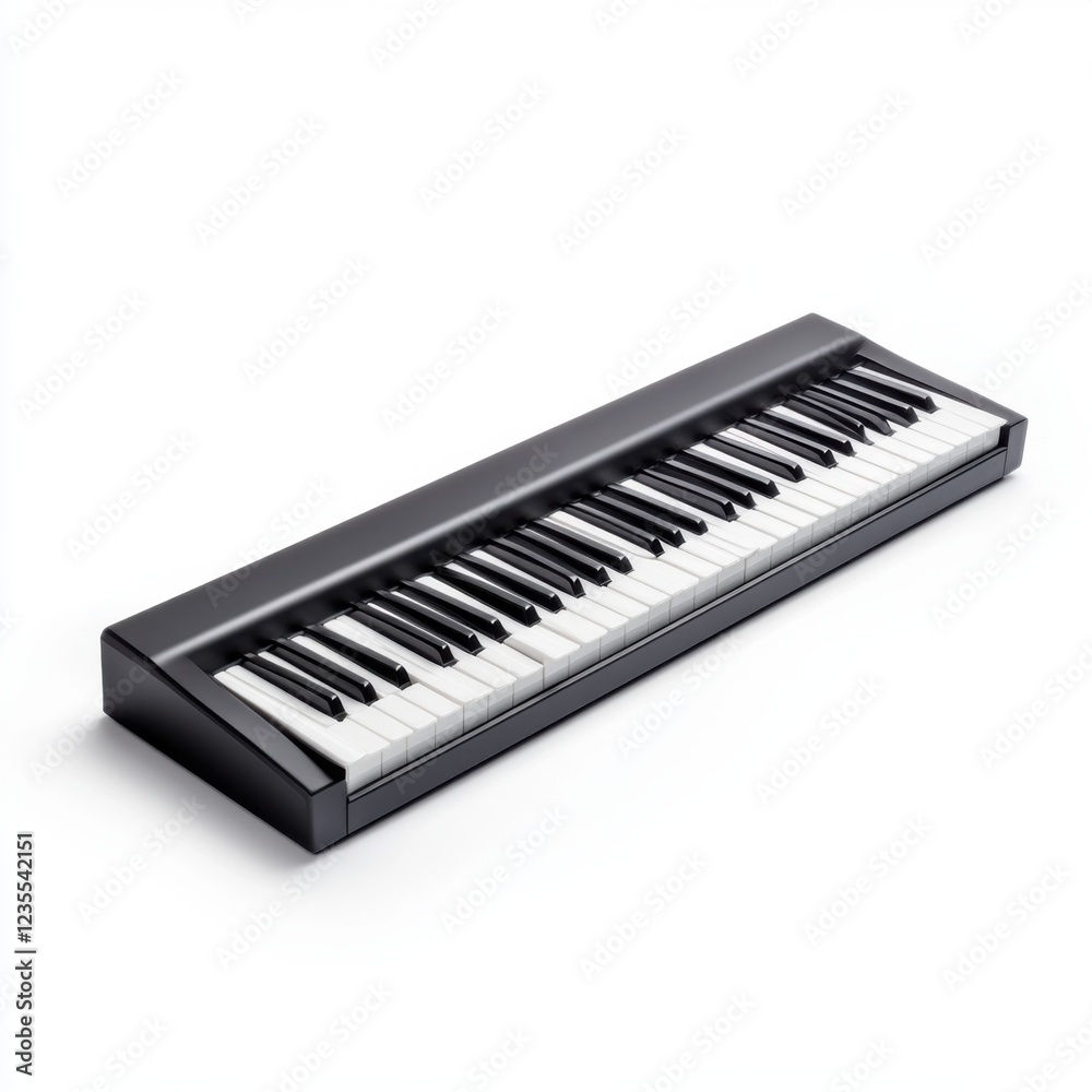 Black electronic keyboard with modern design showcasing keys in high contrast on white background Black electronic keyboard with modern design showcasing keys in high contrast on white background