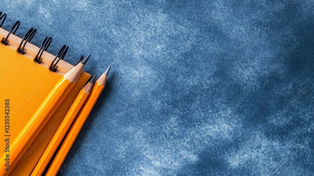 Yellow Pencils and Spiral Notebook on Blue Textured Background - Back to School Concept Yellow Pencils and Spiral Notebook on Blue Textured Background - Back to School Concept
