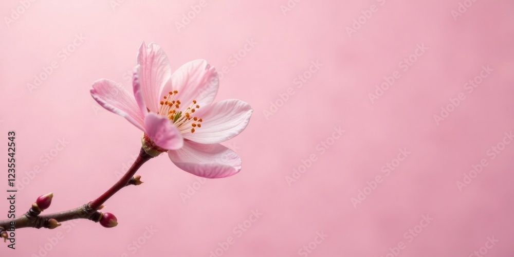 A Delicate Pink Blossom on a Branch Against a Soft Pink Background, a Symbol of Springtime Renewal and Gentle Beauty A Delicate Pink Blossom on a Branch Against a Soft Pink Background, a Symbol of Springtime Renewal and Gentle Beauty