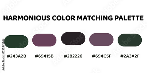 This harmonious color palette blends cool and earthy tones for a balanced and sophisticated aesthetic. deep green, muted plum, charcoal grey, soft mauve, muted green. Enhance the natural.  143.