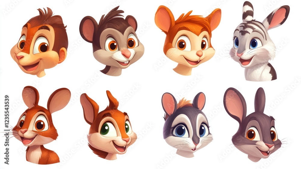 Fototapeta premium Adorable cartoon animals, heads, white background, children's book illustration