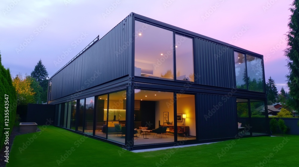Fototapeta premium Modern black house with large windows at dusk, showcasing interior lights and landscaped garden