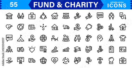 Fundraising & Charity Icon Collection. Minimalist Outline and Vector Icons for Social Impact, Donations, and Nonprofit Campaigns