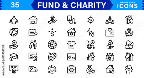 Fundraising & Charity Icon Collection. Minimalist Outline and Vector Icons for Social Impact, Donations, and Nonprofit Campaigns