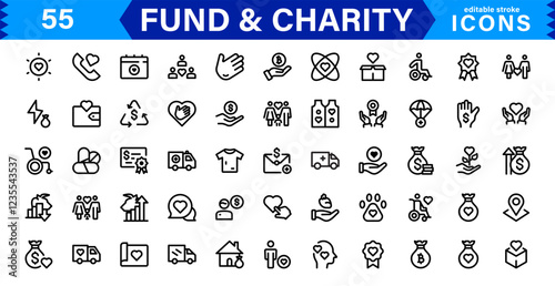 Fundraising & Charity Icon Collection. Minimalist Outline and Vector Icons for Social Impact, Donations, and Nonprofit Campaigns