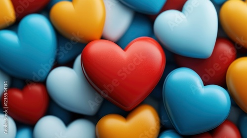 Colorful 3D Hearts Background A Pile of Red, Blue, and Orange Hearts
