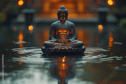 Serene Buddha statue floats on calm pond, lanterns glow in background; meditation, peace photo