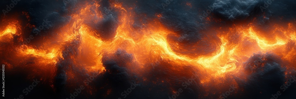 Obraz premium Fiery, swirling cloudscape with dark smoke and bright orange flames.