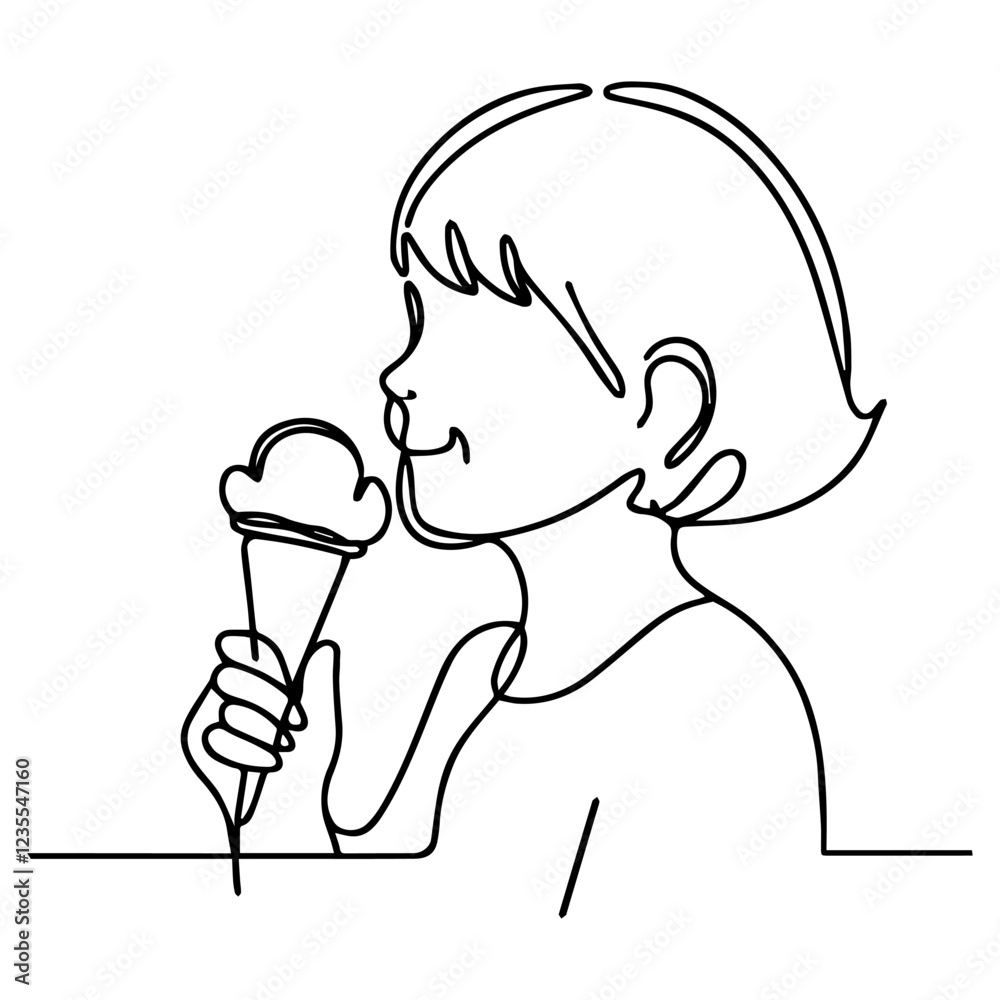 Line drawing of child happily eating ice cream. Line drawing of child happily eating ice cream.