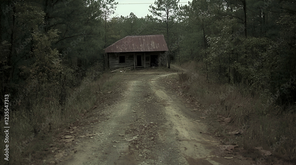 Abandoned cabin, dirt road, woods, gloomy day, mystery Abandoned cabin, dirt road, woods, gloomy day, mystery