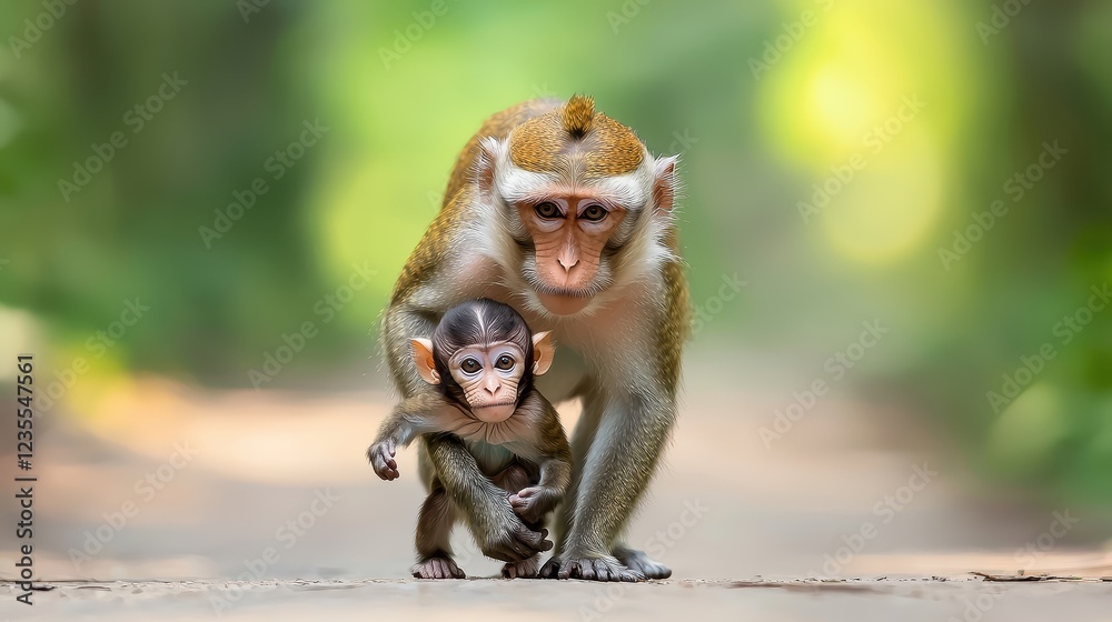 A baby monkey clinging tightly to its mothers back as she walks along a forest path A baby monkey clinging tightly to its mothers back as she walks along a forest path
