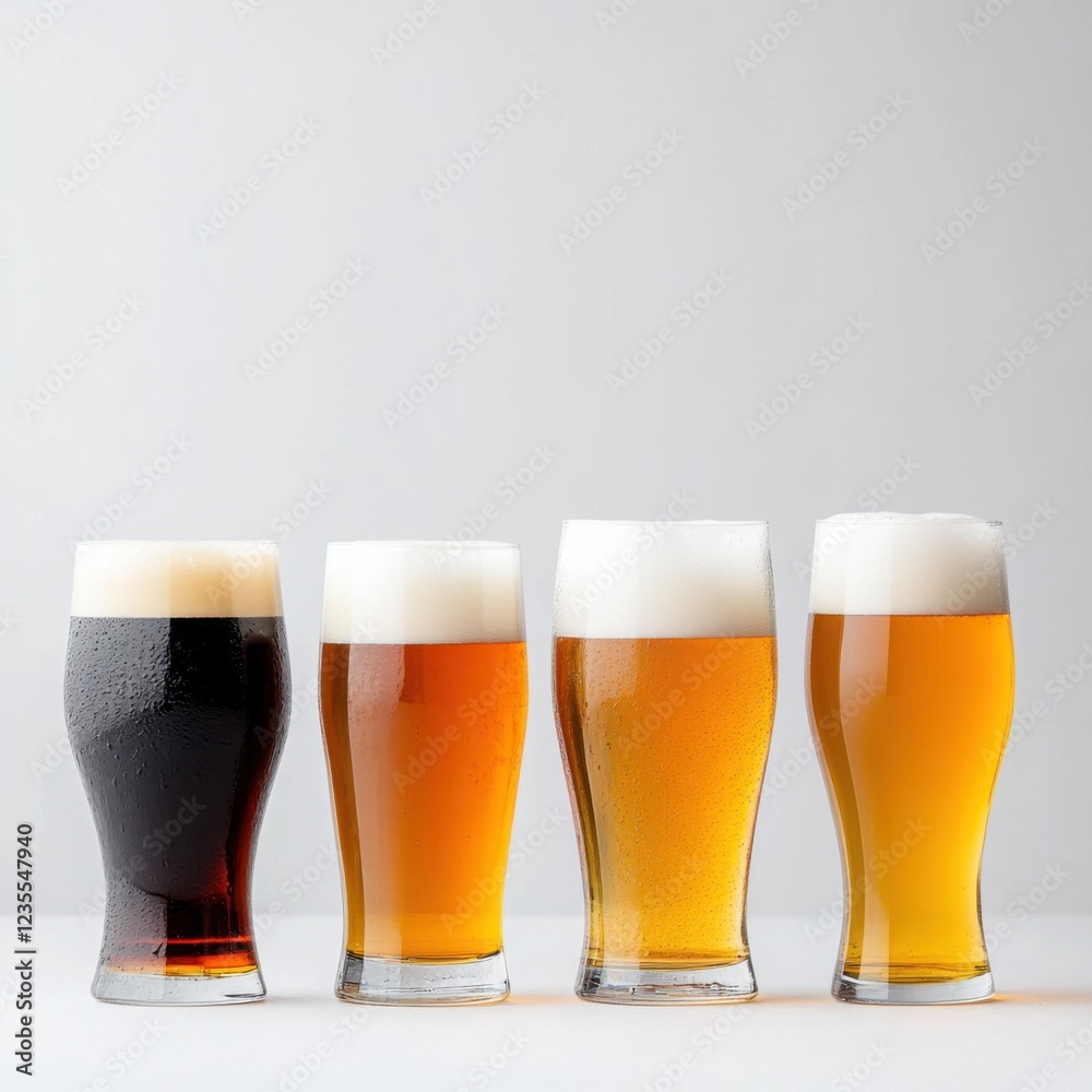Variety of Beer Glasses Featuring Different Colors and Styles of Beer on a Simple Background Variety of Beer Glasses Featuring Different Colors and Styles of Beer on a Simple Background