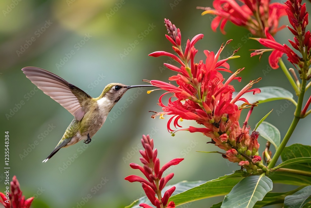 Fototapeta premium A hummingbird hovering near a vibrant red flower, its wings beating rapidly. The image should capture the fleeting beauty and delicate nature of love