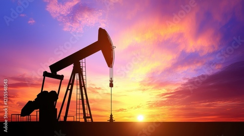 A dramatic silhouette of an oil pump jack against a vivid sunset sky photo