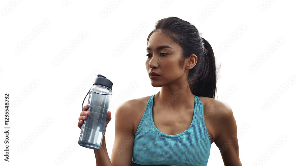 Young and attractive asian chinese woman tired after hard outdoors run workout. thirsty woman with a bottle of water ready to drink. Transparent background png Young and attractive asian chinese woman tired after hard outdoors run workout. thirsty woman with a bottle of water ready to drink. Transparent background png