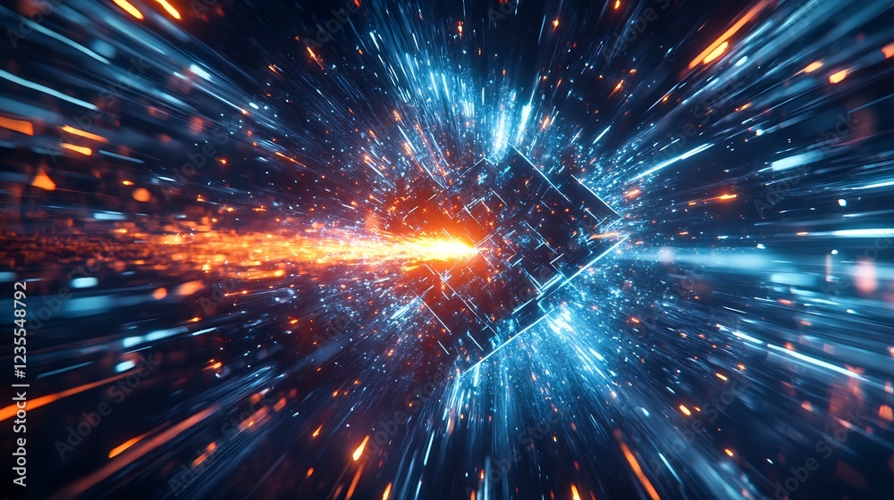 Obraz premium Abstract Cube Explodes Vibrant Orange Blue Light Rays. AI Generated
