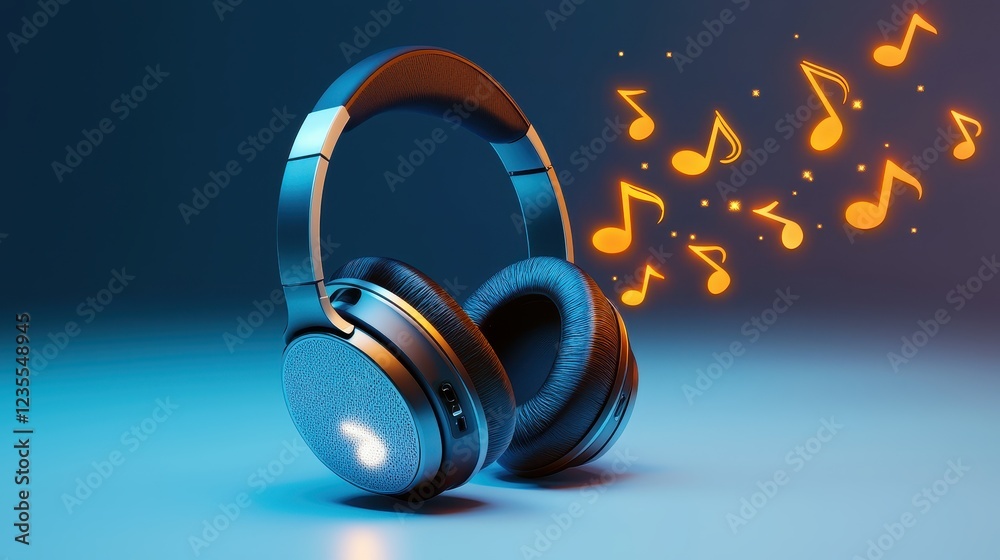Fototapeta premium A minimalist design of headphones with glowing music notes streaming out, symbolizing sound and creativity