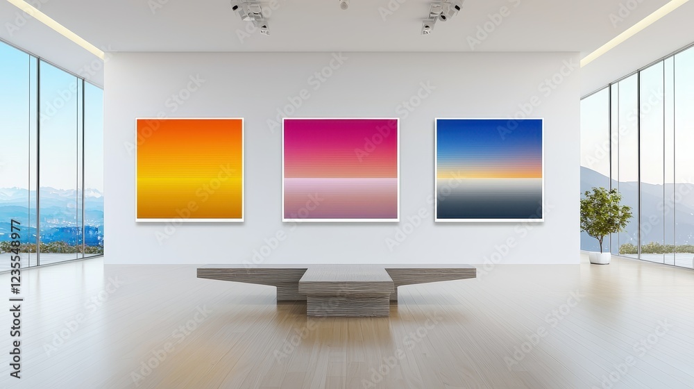 Fototapeta premium A modern art gallery showcasing minimalist paintings with vibrant colors