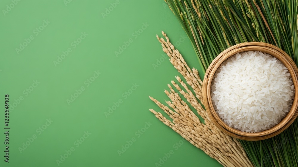 Fresh white rice in a bamboo bowl with rice stalks and green background for food and agriculture themes Fresh white rice in a bamboo bowl with rice stalks and green background for food and agriculture themes