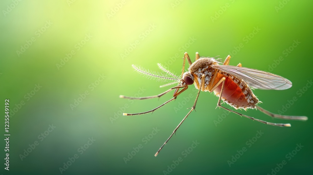 A mosquito in mid-flight, wings blurred, against a soft-focus green background A mosquito in mid-flight, wings blurred, against a soft-focus green background