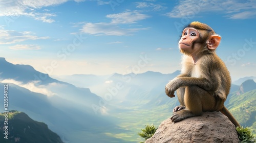 A monkey perched on a rock high above a valley, with a panoramic view of mountains in the background