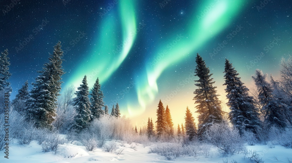 A breathtaking Arctic winter scene with a dense snow-covered forest under a vibrant aurora borealis, casting magical hues over the serene polar landscape. A breathtaking Arctic winter scene with a dense snow-covered forest under a vibrant aurora borealis, casting magical hues over the serene polar landscape.