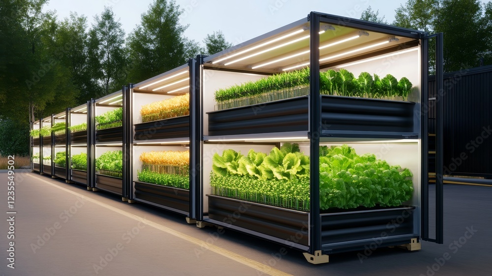 Modern vertical farming system showcasing vibrant green crops in a well-lit, organized environment Modern vertical farming system showcasing vibrant green crops in a well-lit, organized environment