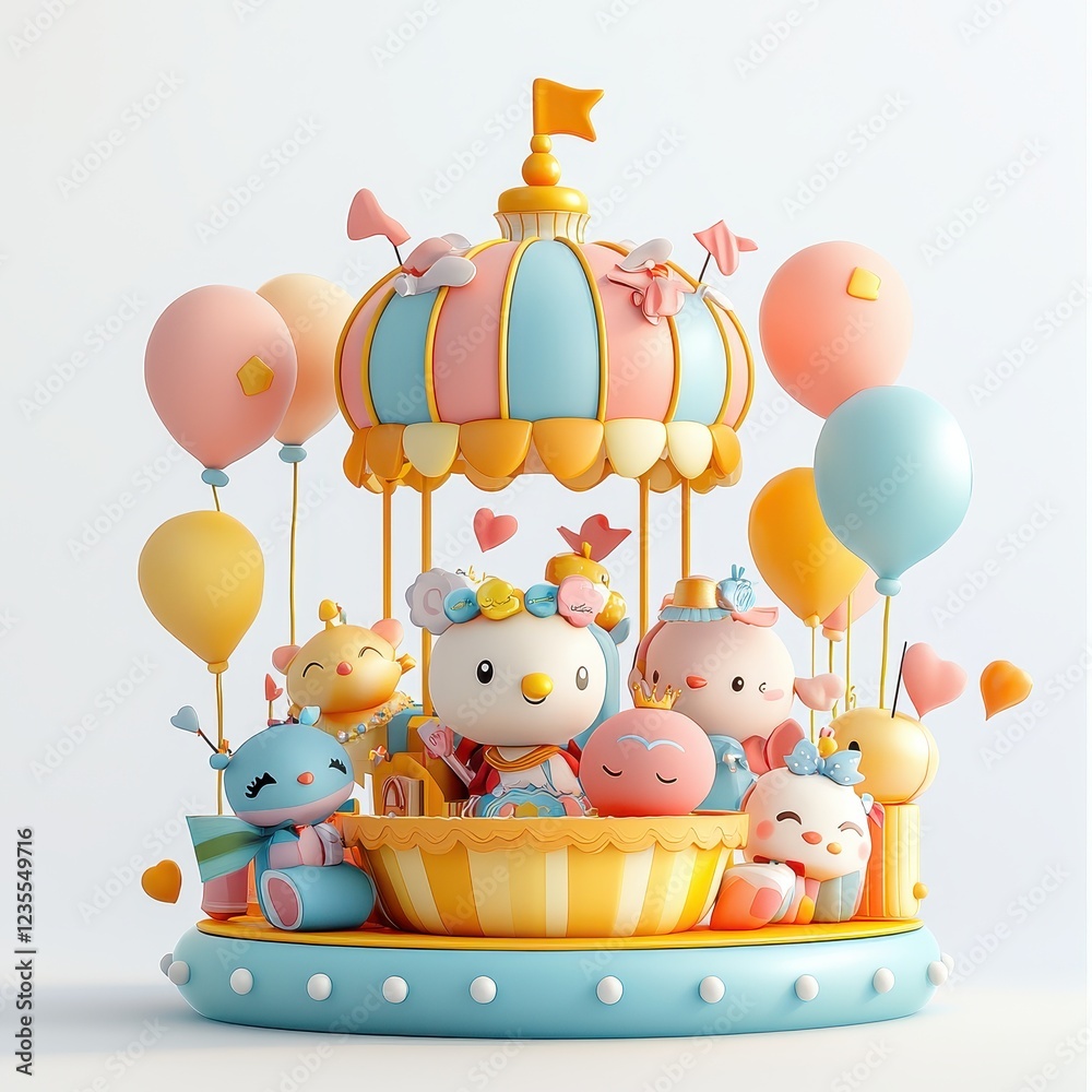 Obraz premium A colorful carousel featuring cute characters and balloons, creating a whimsical, joyful atmosphere.