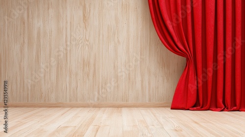 Red Velvet Curtain Pulled Back on Beige Wall and Wooden Floor