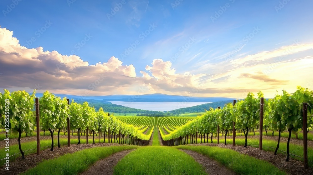 Fototapeta premium A vineyard in the Finger Lakes region with rows of grapes and a distant lake view