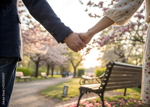 Two hands holding each other gently, with the background of a park bench surrounded by blooming flowers and soft sunlight. A romantic mood is set with a focus on the hands, symbolizing love and togeth photo