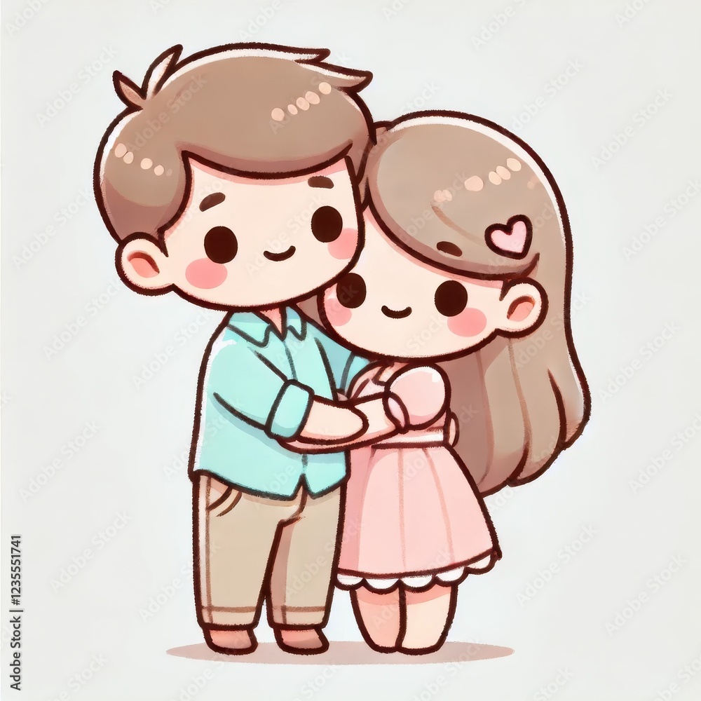 Cartoon couple hugging with a heart symbol. Cute pastel illustration on a white background. Valentine's Day and love concept. Cartoon couple hugging with a heart symbol. Cute pastel illustration on a white background. Valentine's Day and love concept.