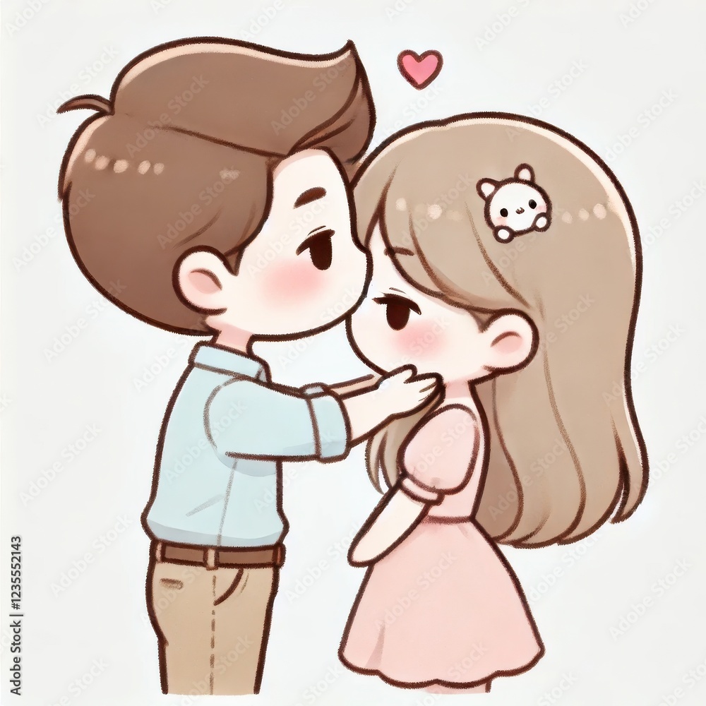 Cartoon couple with man gently kissing woman on the forehead. Cute pastel illustration on a white background. Valentine's Day and love concept. Cartoon couple with man gently kissing woman on the forehead. Cute pastel illustration on a white background. Valentine's Day and love concept.