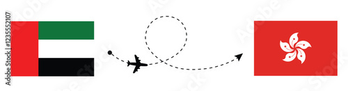 UAE to Hong Kong flight travel concept. Abu Dhabi to Hong Kong flight travel by airplane. UAE flag. Hong Kong flag.