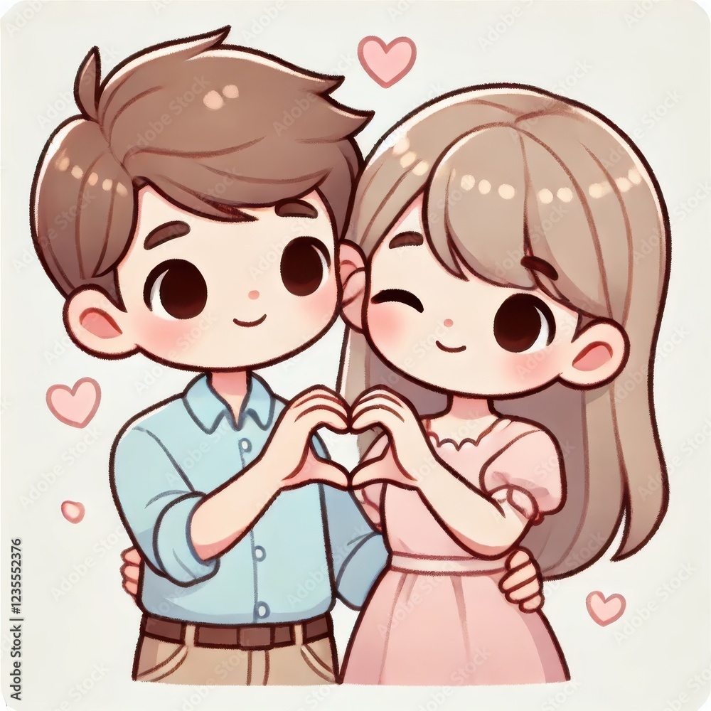 Cartoon couple forming a heart shape with their hands. Cute pastel illustration on a white background. Valentine's Day and love concept. Cartoon couple forming a heart shape with their hands. Cute pastel illustration on a white background. Valentine's Day and love concept.