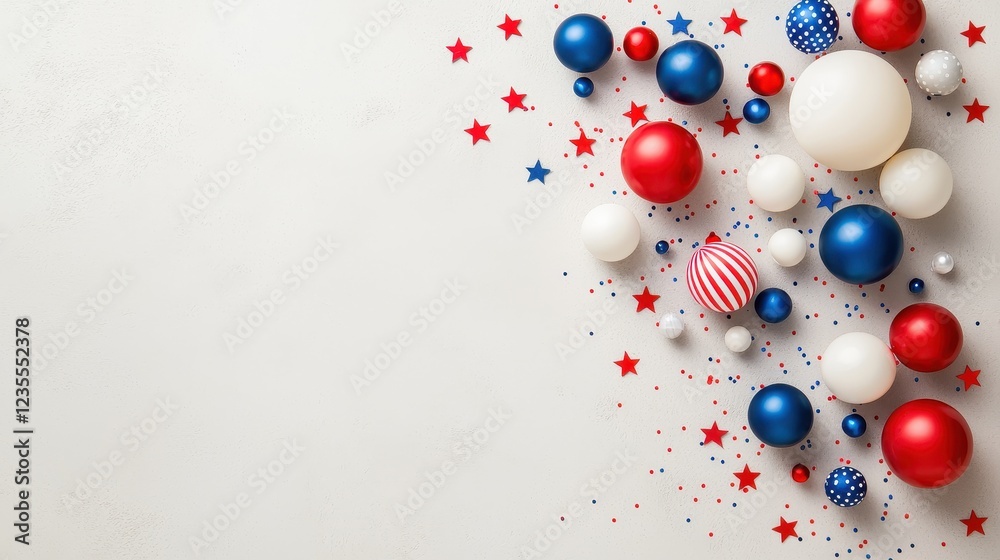 A vibrant arrangement of red, white, and blue decorative spheres and stars, perfect for festive celebrations. A vibrant arrangement of red, white, and blue decorative spheres and stars, perfect for festive celebrations.
